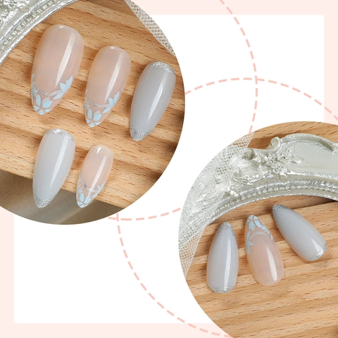Unghie Finte A Mandorla Francese Grigio Blu Floreale Argento Glitter Punte Per Unghie Artificiali Lunghe Manicure DIY Donne