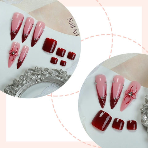 Press On Nails Hand Foot 3D Flower Rhinestone Red Pink French Tip Stiletto Square Shape Elegant Manicure For Women