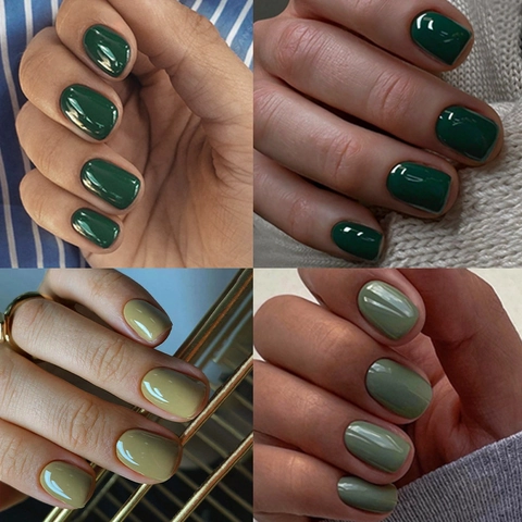 Short Press On Nails Solid Color Glossy Emerald Olive Green Simple French Style Removable Artificial Fingernails For Women