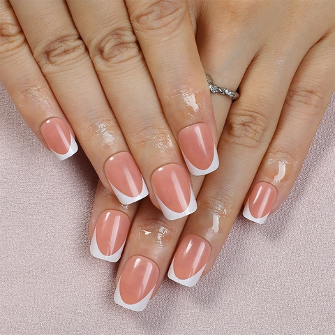 French Tip Press On Nails Kurz Quadratisch Nude Pink Und Weiß Glänzend Elegant DIY Maniküre Für Damen