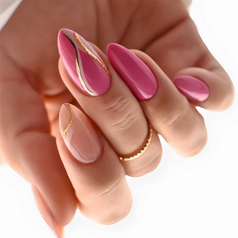 Französische Mandel Aufpressnägel Rosa Goldlinie Glänzende Lange Abnehmbare Falsche Nägel Für Damen DIY Maniküre