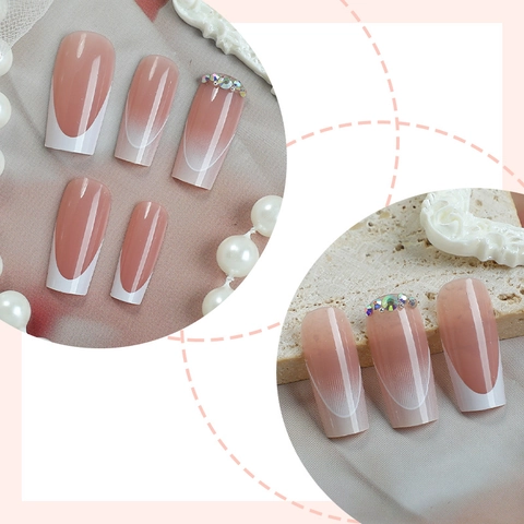 French Press On Nails With Rhinestones Gradient Nude Pink White Medium Long Square False Nails Women DIY Manicure