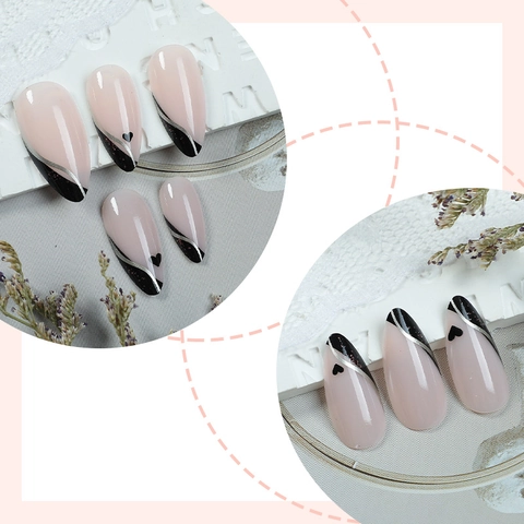 Unghie Finte French Forma Mandorla Motivo Cuore Rosa Nude Nero Elegante Per Donna Con Linguette Adesive E Lima Per Unghie