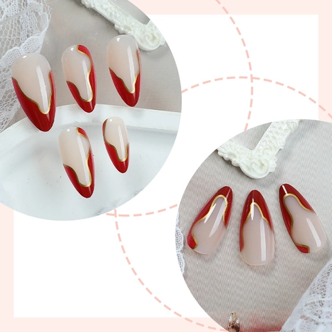 Faux Ongles À Presser French Rouge Amande Ligne Ondulée Dorée Pour Femmes Manucure Élégante