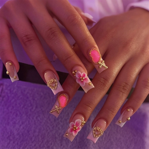 Harz Press On Nails 3D Blumen Herz Kreuz Dekor Französisch Rosa Farbverlauf Künstliche Nägel Damen DIY Maniküre