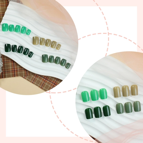 Short Press On Nails Solid Color Glossy Emerald Olive Green Simple French Style Removable Artificial Fingernails For Women