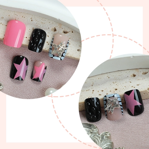 Unghie Finte Corte Quadrate Rosa Nero Motivo Stella Strass Charm Opaco Rilievo 3D Stile Francese Unghie Per Donne