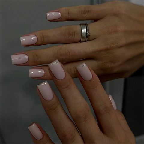 French Style Nude Pink Gradient Press On Nails Glossy Square Round Fake Nails For Women