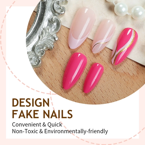 Französische Mandel Aufpressnägel Rosa Goldlinie Glänzende Lange Abnehmbare Falsche Nägel Für Damen DIY Maniküre