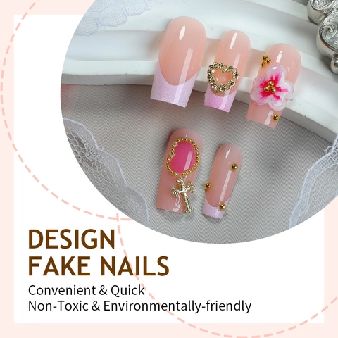 Harz Press On Nails 3D Blumen Herz Kreuz Dekor Französisch Rosa Farbverlauf Künstliche Nägel Damen DIY Maniküre