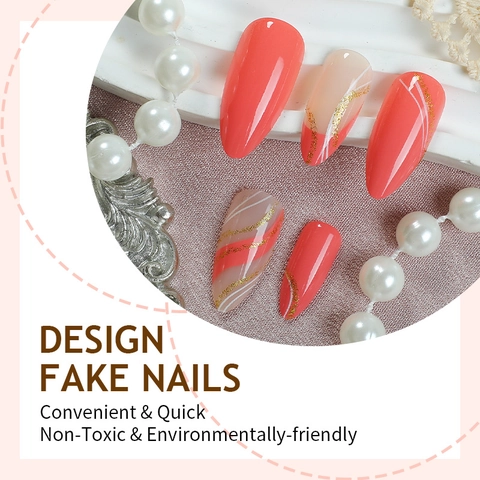Unghie Finte A Pressione Forma Mandorla Stile Francese Rosa Corallo Con Linee Glitter Oro E Motivo A Onde Bianche
