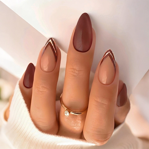 French Almond Press On Nagels Bruin Nude Kunstnagels Met Glitterlijnen Lange Glanzende Fake Nails Voor Dames
