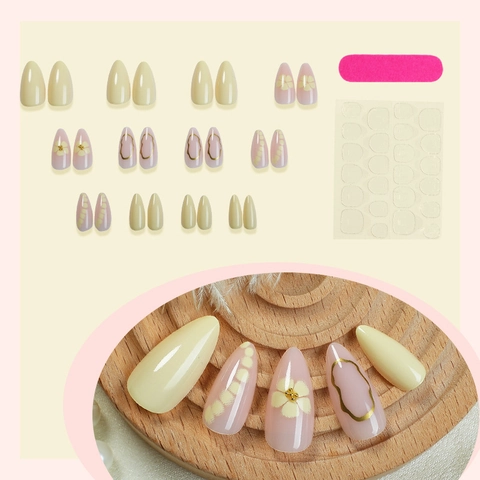 Press On Nails Almond Shape Floral Pattern Gold Line Elegant Glossy ABS Artificial Fingernails For Women Beauty
