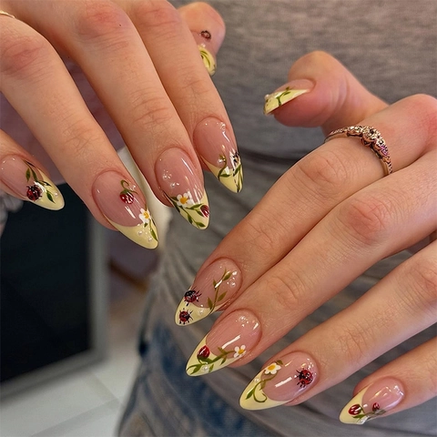 French Tip Almond Press On Nails 3D Ladybug Strawberry Flower Design Hand Painted Resin Fake Nails