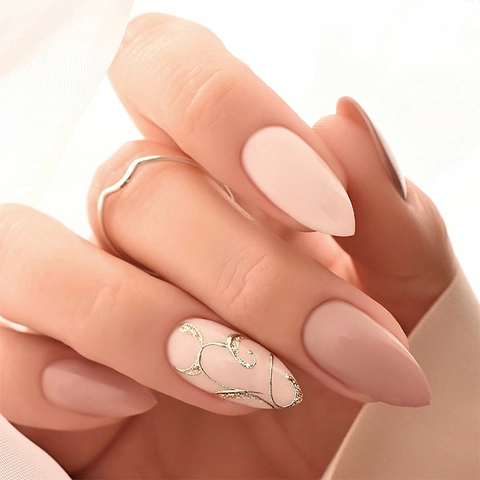 Mandel Drucknägel Nude Rosa Goldene Wirbellinien Glänzende Künstliche Fingernägel Full Cover Maniküre Für Frauen Elegant