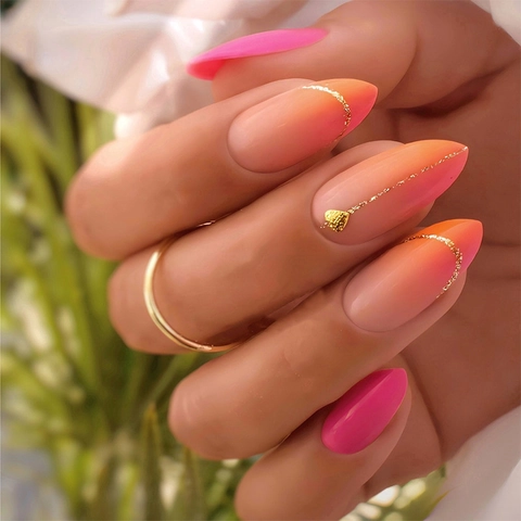 Französische Herz Glitzer Verlauf Künstliche Nägel Rosa Orange Mandelform Nagelset Abnehmbar Für Frauen