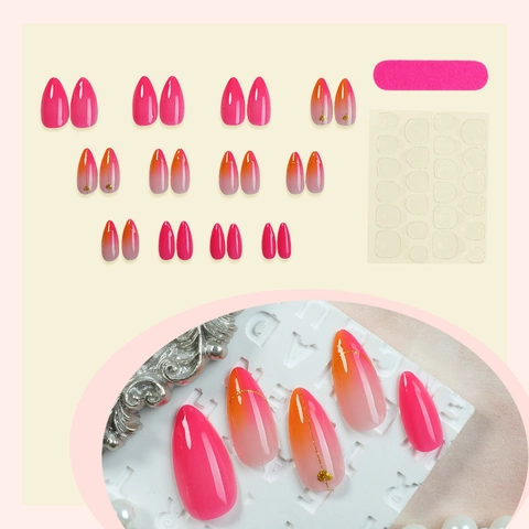 Französische Herz Glitzer Verlauf Künstliche Nägel Rosa Orange Mandelform Nagelset Abnehmbar Für Frauen