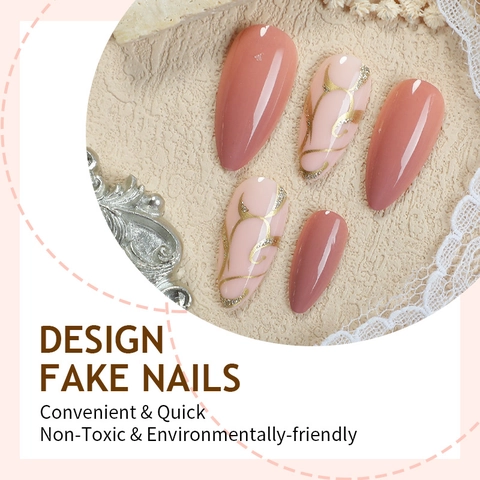 Mandel Drucknägel Nude Rosa Goldene Wirbellinien Glänzende Künstliche Fingernägel Full Cover Maniküre Für Frauen Elegant