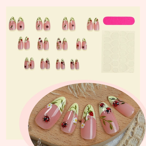 French Tip Almond Press On Nails 3D Ladybug Strawberry Flower Design Hand Painted Resin Fake Nails