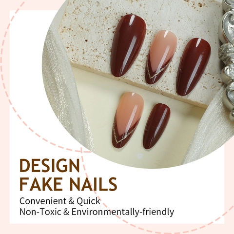 French Almond Press On Nagels Bruin Nude Kunstnagels Met Glitterlijnen Lange Glanzende Fake Nails Voor Dames