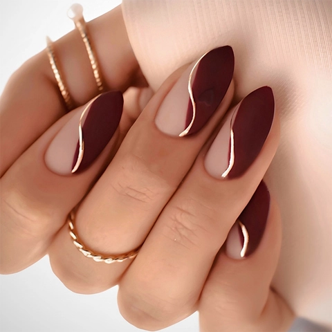 Press On Nails Mandelform Matt Weinrot Nude Pink Patchwork Design Goldene Linie Falsche Nägel Full Cover DIY Maniküre