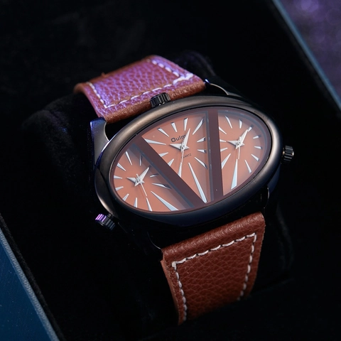 Quartz Watch Men Multiple Time Zone Oval Alloy Case With Leather Strap Industrial Large Dial Fashion Timepiece