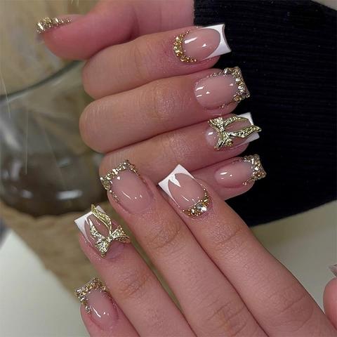 Press On Nails White French Tip With Rhinestones Gold Metal Butterfly Square Short Fake Nails