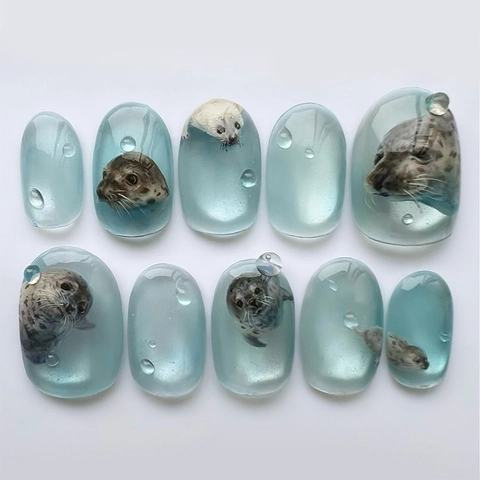 Blauwe Cat Eye Press On Nagels Oceaan Thema 3D Zeehond Ontwerp Ovaal Glanzende Kunstnagels Voor Vrouwen Manicure