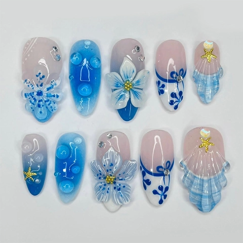 Press On Nagels 3D Bloem Schelp Zeester Frans Zomer Strand Amandelvorm Blauw Gradiënt Kunstnagels Voor Dames