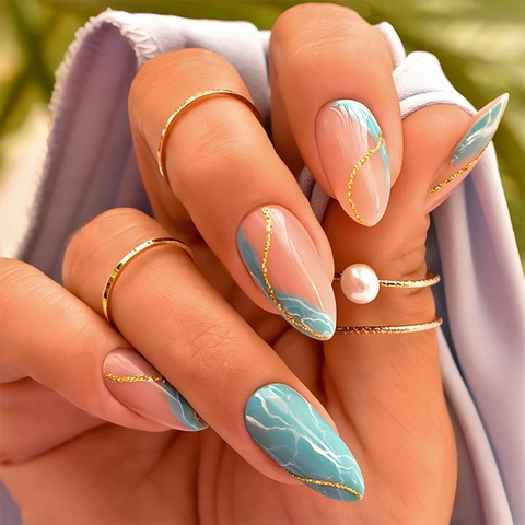 Almond Press On Nails Blue Pink Marble Texture Gold Glitter Lines French Long False Nails DIY Manicure For Women