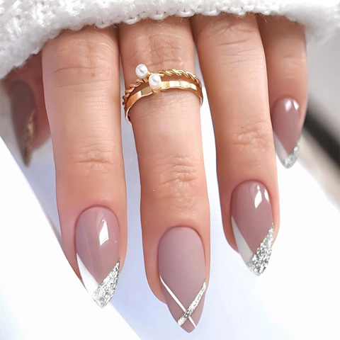 Unghie Finte Stile Francese Rosa Opaco Forma Mandorla Glitter Argento Riutilizzabili Unghie Artificiali Per Donne