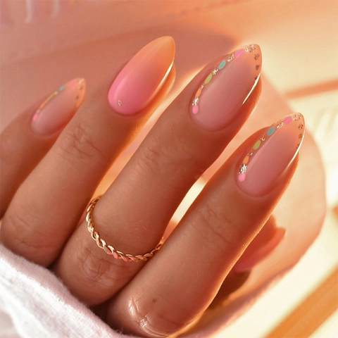 Press On Nails Almond Shape Pink Orange Gradient French Style With Colorful Dots Gold Foil For Women