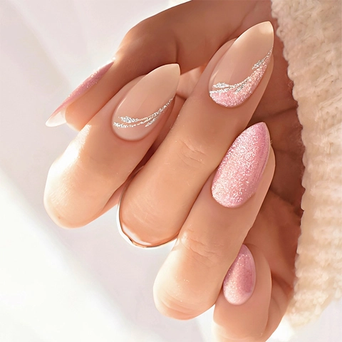 French Press On Nails Glitter Silver Swirl Glossy Almond Shape Elegant Ins Style Women Fashion
