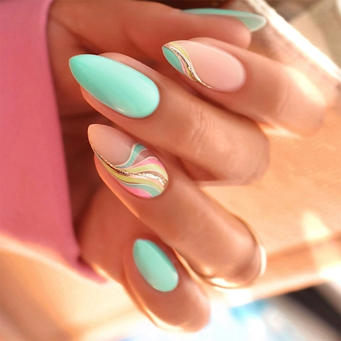 Uñas Postizas Press On Largas Forma Almendra Estilo Francés Líneas Onduladas Coloridas Brillo Dorado Kit Manicura