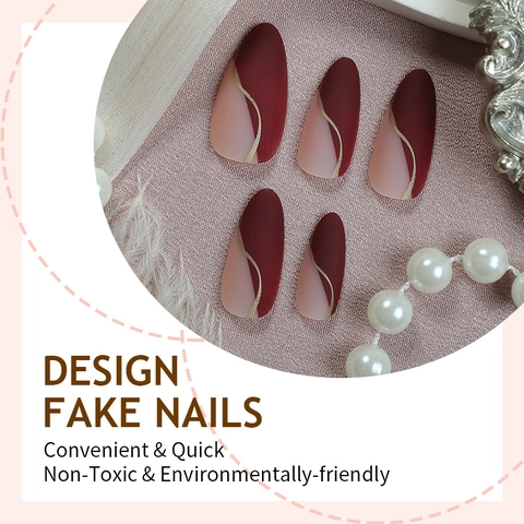 Press On Nails Mandelform Matt Weinrot Nude Pink Patchwork Design Goldene Linie Falsche Nägel Full Cover DIY Maniküre