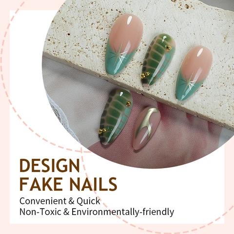Press On Nagels Amandel Lang Groen Krokodil Patroon Roze Goud Ster Metalen Kraal Frans Retro Elegant DIY Manicure Dames