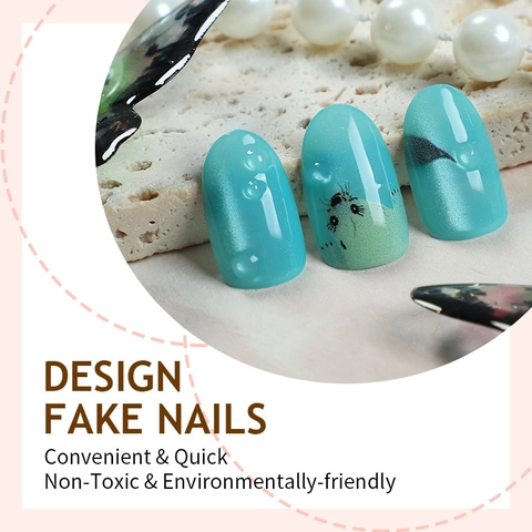 Blauwe Cat Eye Press On Nagels Oceaan Thema 3D Zeehond Ontwerp Ovaal Glanzende Kunstnagels Voor Vrouwen Manicure