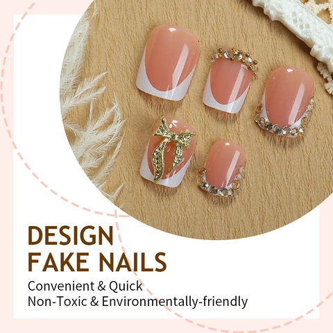 Press On Nails White French Tip With Rhinestones Gold Metal Butterfly Square Short Fake Nails