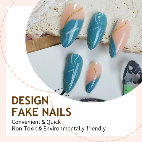 Almond Press On Nails Blue Pink Marble Texture Gold Glitter Lines French Long False Nails DIY Manicure For Women