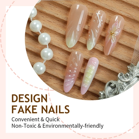 Pink 3D Flower Press On Nails Long Coffin Fake Nails With Artificial Pearl Gradient Floral Nail Art For Women Manicure Decor