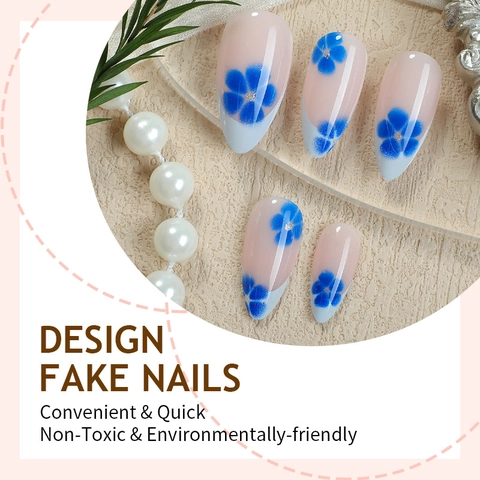 Press On Nails Französische Blaue Blume Mandelform Nude Straßstein Künstliche Falsche Fingernägel Elegant Damen
