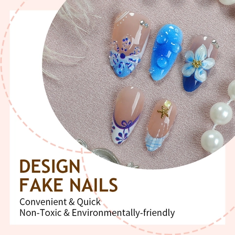 Press On Nagels 3D Bloem Schelp Zeester Frans Zomer Strand Amandelvorm Blauw Gradiënt Kunstnagels Voor Dames