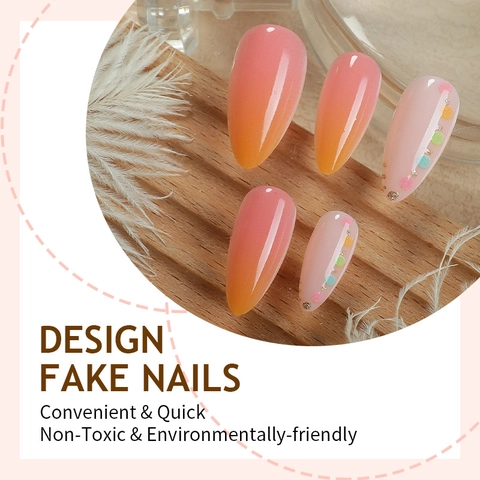 Press On Nails Almond Shape Pink Orange Gradient French Style With Colorful Dots Gold Foil For Women