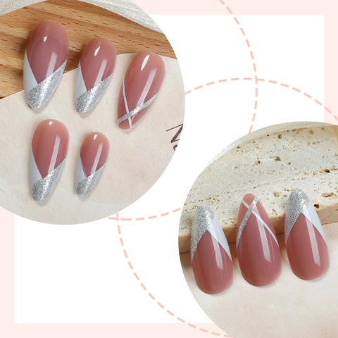 Unghie Finte Stile Francese Rosa Opaco Forma Mandorla Glitter Argento Riutilizzabili Unghie Artificiali Per Donne