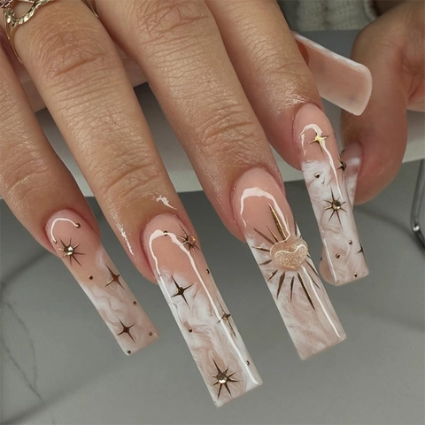 Uñas Postizas Cuadradas Largas Patrón Mármol Rosa Estrella Dorada Corazón Decoración Strass Estilo Francés Manicura DIY Para Mujeres
