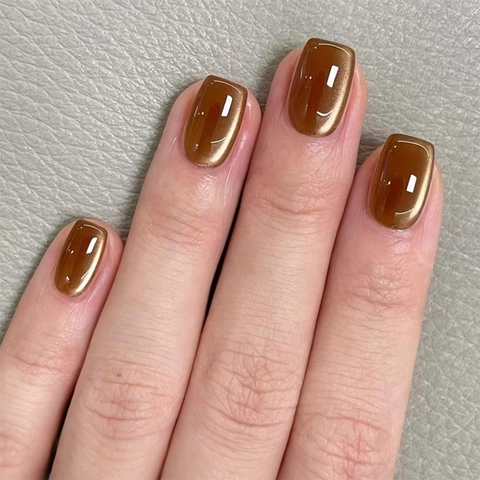 Press On Nails Brown Cat Eye Effect Glitter Shimmer Gradient Magnetic Fake Nails For Women Manicure