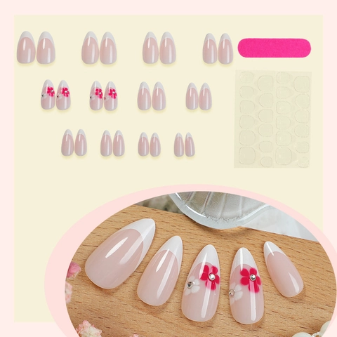 Unghie Finte Lunghe A Mandorla Stile Francese Punte Bianche Strass Fiori Dipinti Rosa Nude Resina ABS Per Donne Elegante