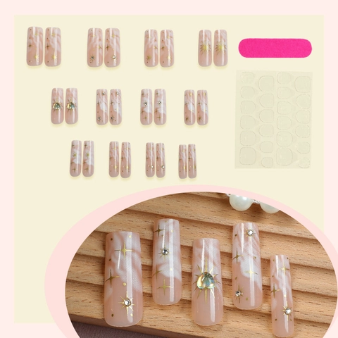 Uñas Postizas Cuadradas Largas Patrón Mármol Rosa Estrella Dorada Corazón Decoración Strass Estilo Francés Manicura DIY Para Mujeres
