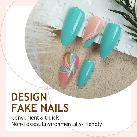 Uñas Postizas Press On Largas Forma Almendra Estilo Francés Líneas Onduladas Coloridas Brillo Dorado Kit Manicura
