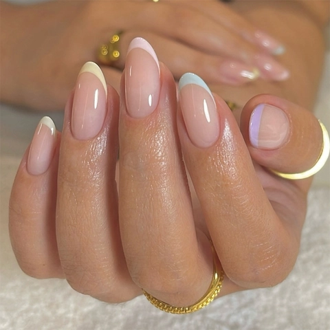 French Almond Press On Nails Glossy Macaron Color Plastic Fake Nails DIY Manicure Elegant Minimalist For Women